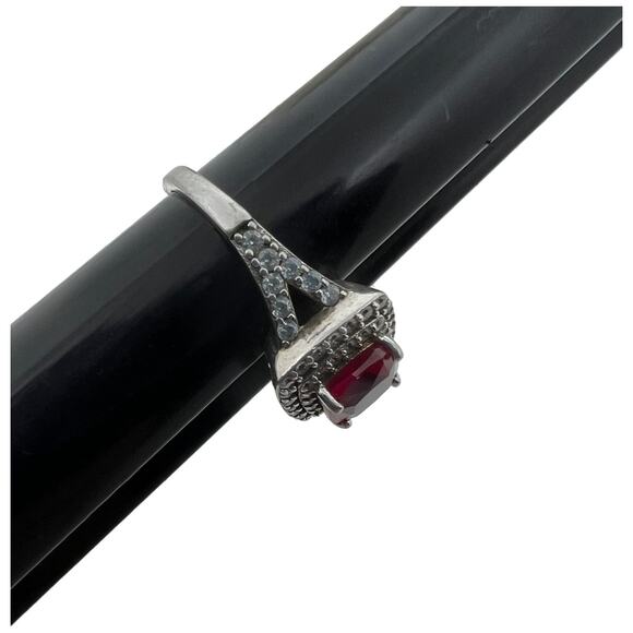 Sterling Silver 925 Ruby Red CZ Halo Ring Art Deco Style Size 6.5 - Picture 6 of 13